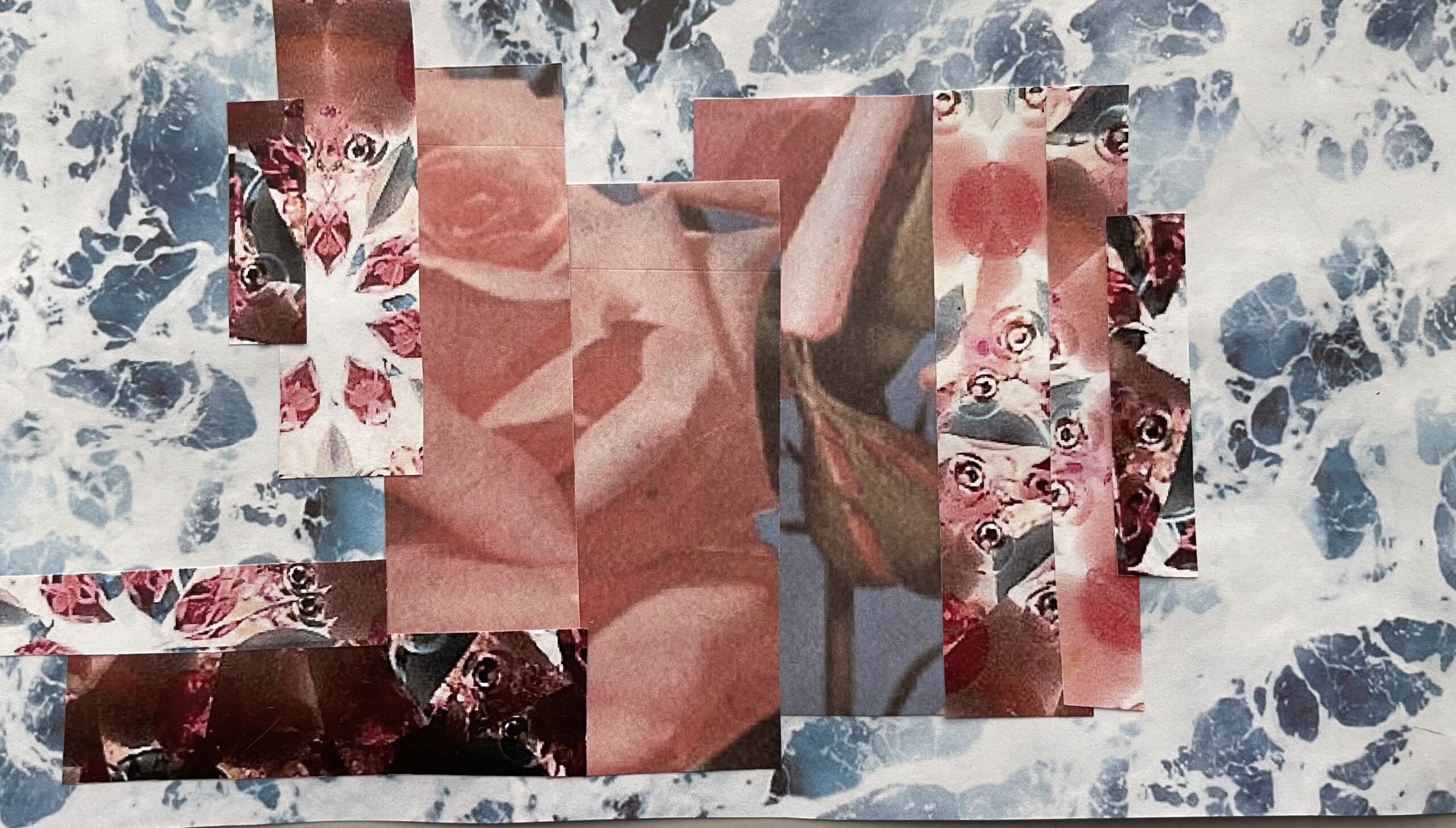 Collage with rectangular cuts of pink roses and fractal patterns over blue and white waves.