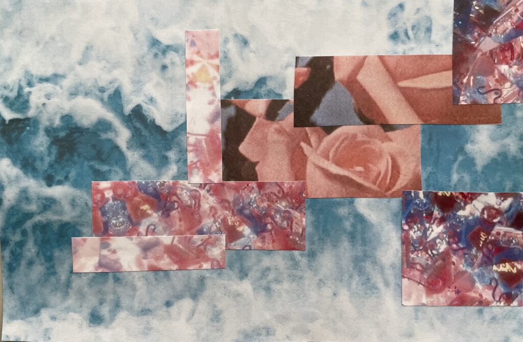 Collage with rectangular cuts of pink roses and fractal patterns over blue and white waves.