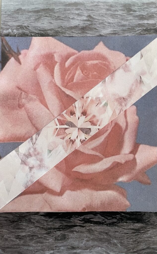 Collage with large pink rose and bar of gem-like pattern across it, with bands of water at top and bottom.
