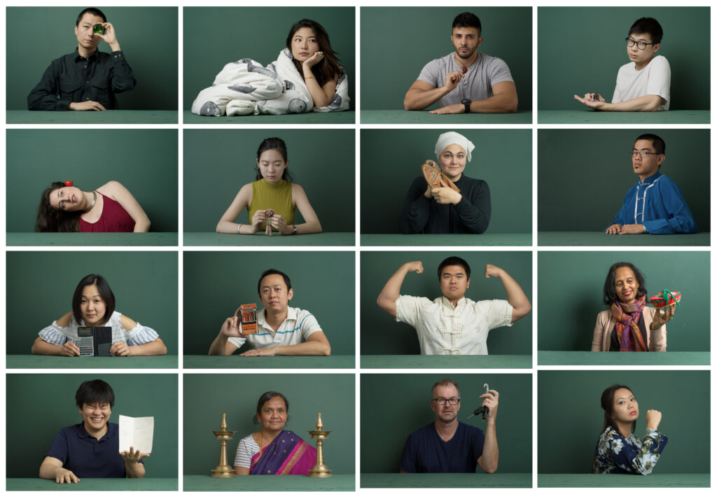 4x4 grid of portraits of diverse people, all with the same spruce green background.