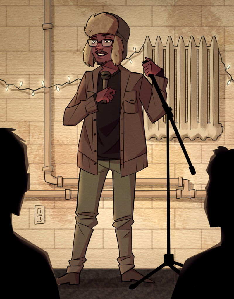 Illustration of stand-up comic with dark skin, glasses, and hat with ear flaps holding microphone in front of crowd.