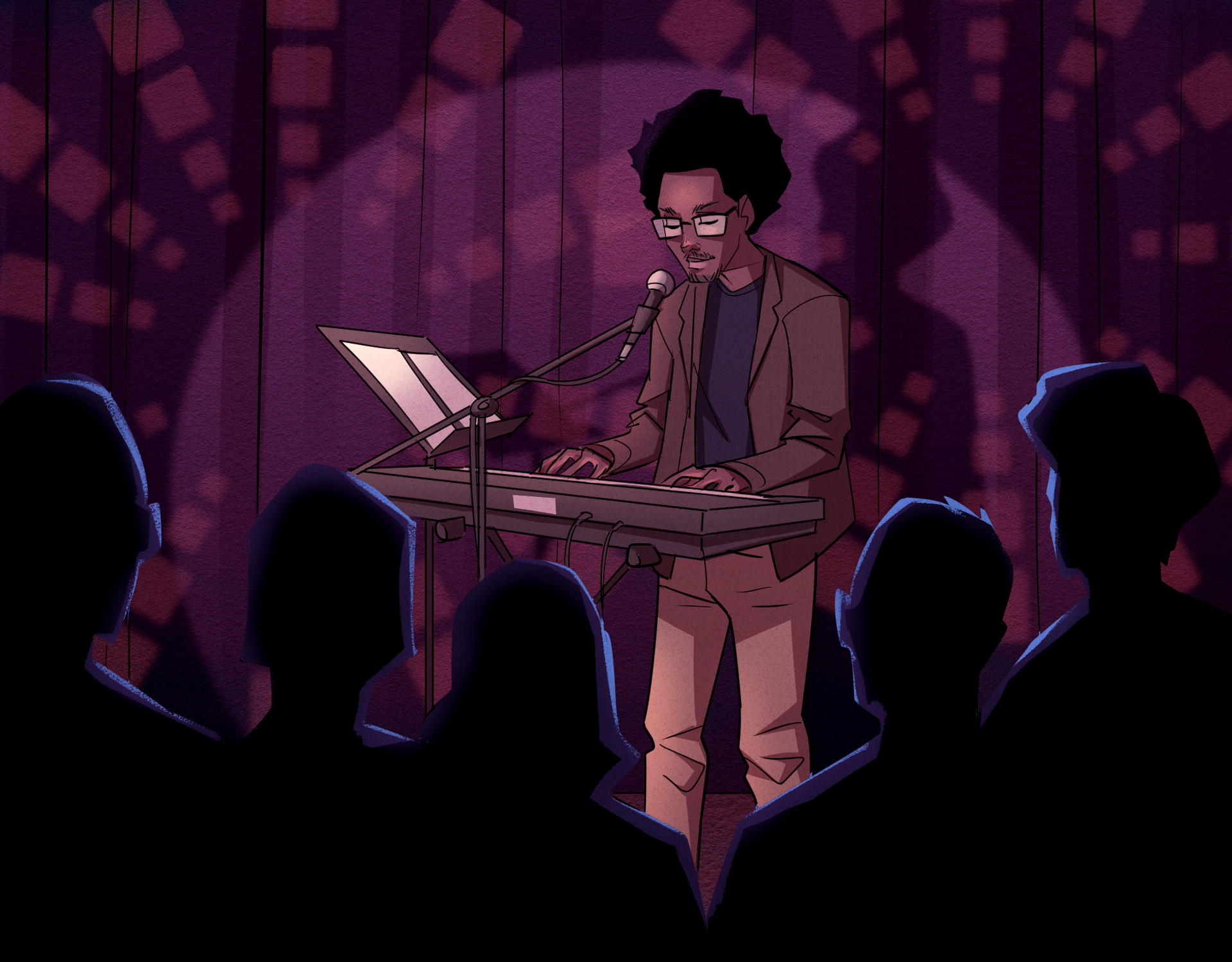 Illustration of stand-up comic with dark skin and glasses playing keyboard in front of audience, bathed in purple light.