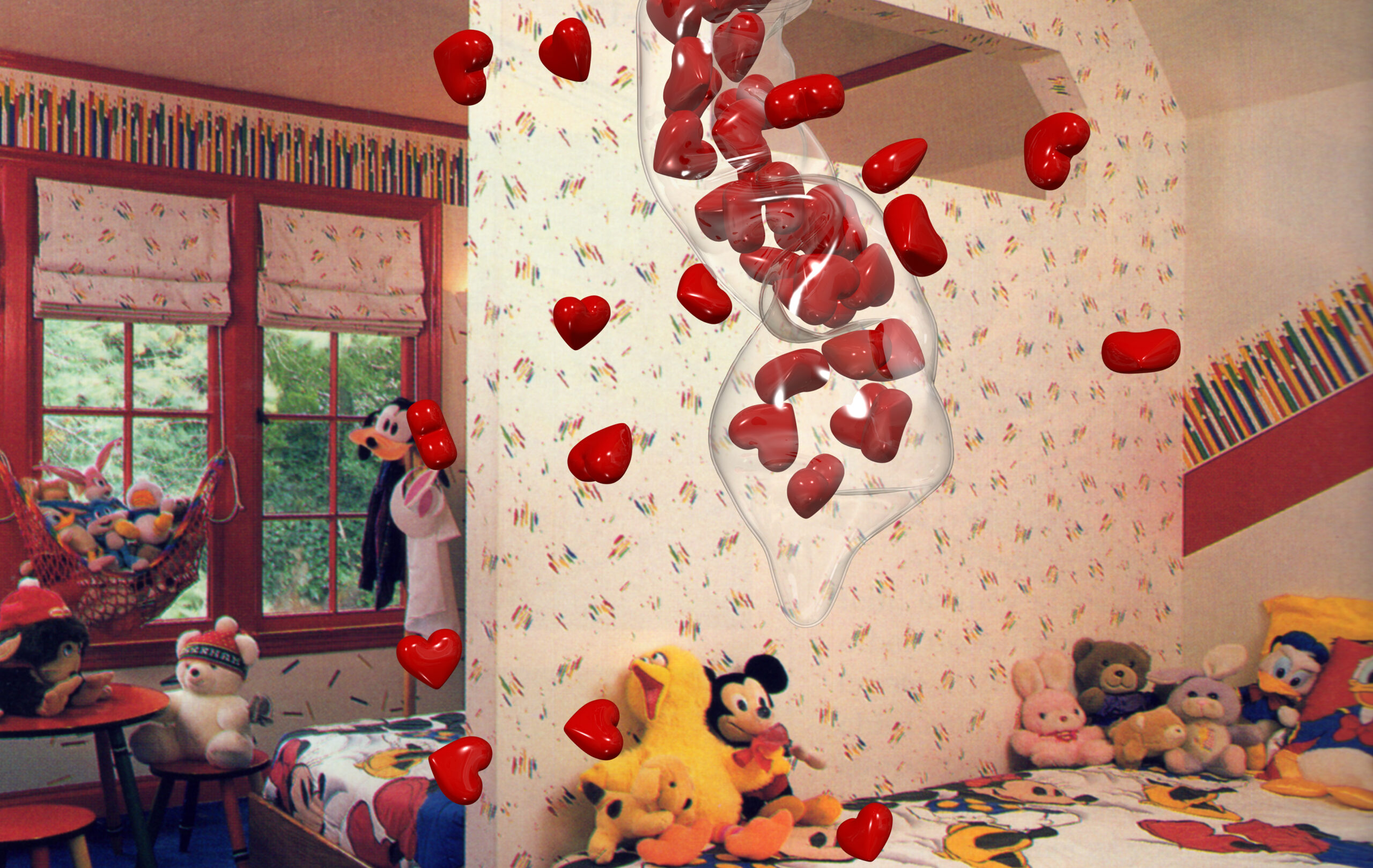 In a kids bedroom with stuffed animals an animated condom filled with red hearts floats in the air