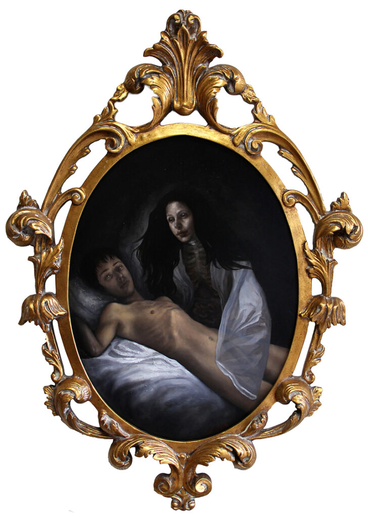Ornate gold frame with a painting of a person laying in bed with ghostly woman hovering over