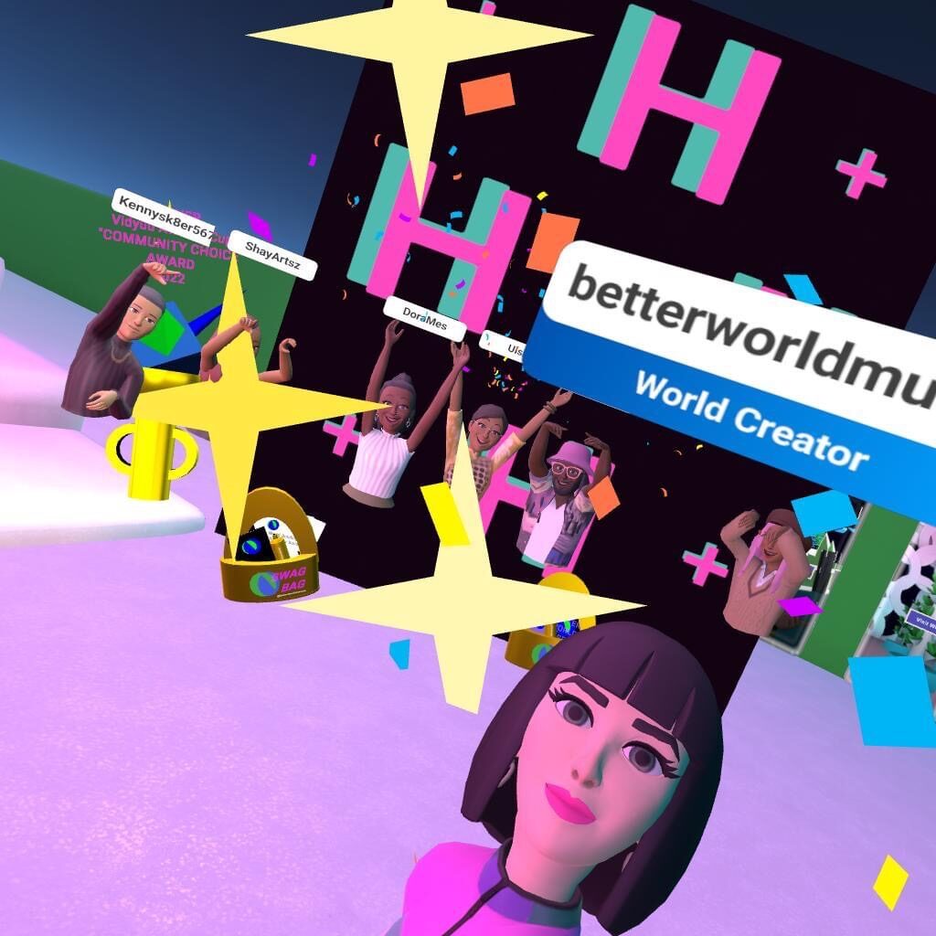 Colorful digital image of many avatars and label reading "betterworldmuseum | World Creator."