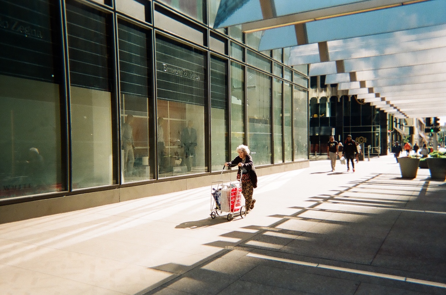 Person with light skin and gray hair pushes shopping cart down city sidewalk.