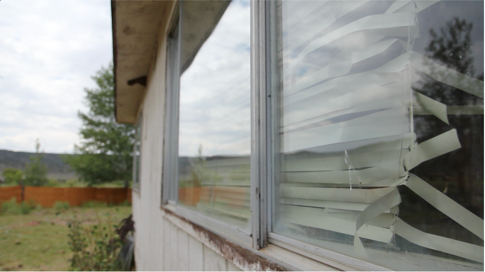 Window of house with crumpled white blinds inside, and field and tree visible beyond outside wall.