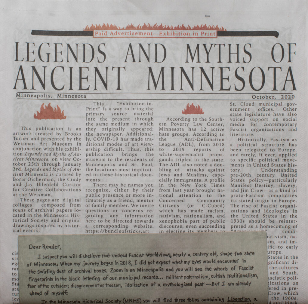 Newspaper page with headline: "Legends and myths of ancient Minnesota".