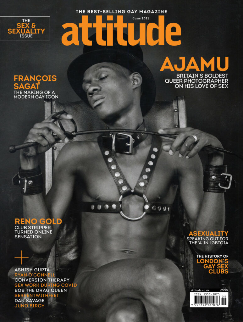 Attitude magazine cover with black and white photo of person with dark skin wearing leather harness and bowler hat.