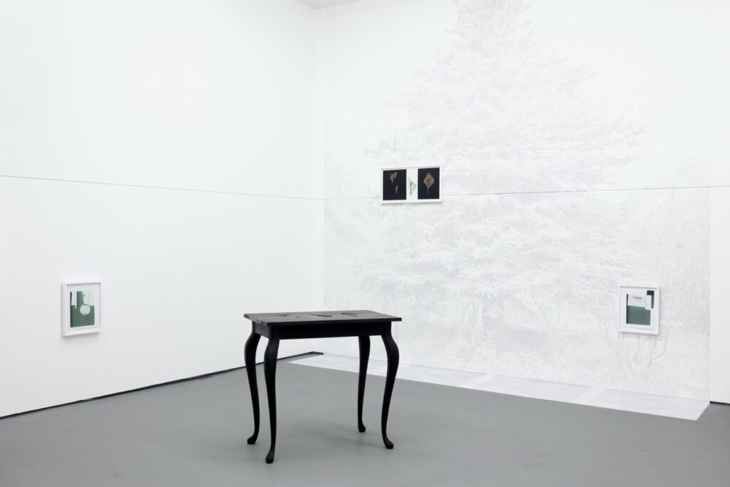 Corner of a gallery with a large faint image of a tree and other small artworks on the walls, and a small black table in front