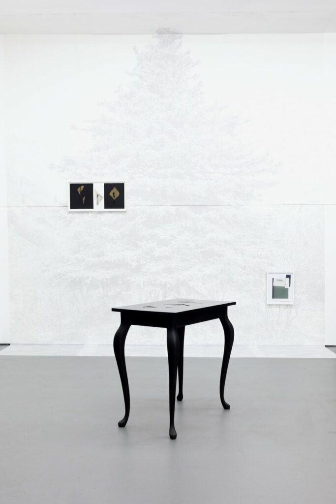 Gallery wall with a large faint image of a tree and two small artworks, and a small black table in front