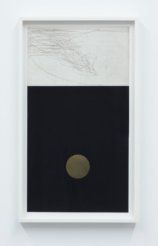 Abstract artwork with fine scribbles on top third, and gold circle against black below