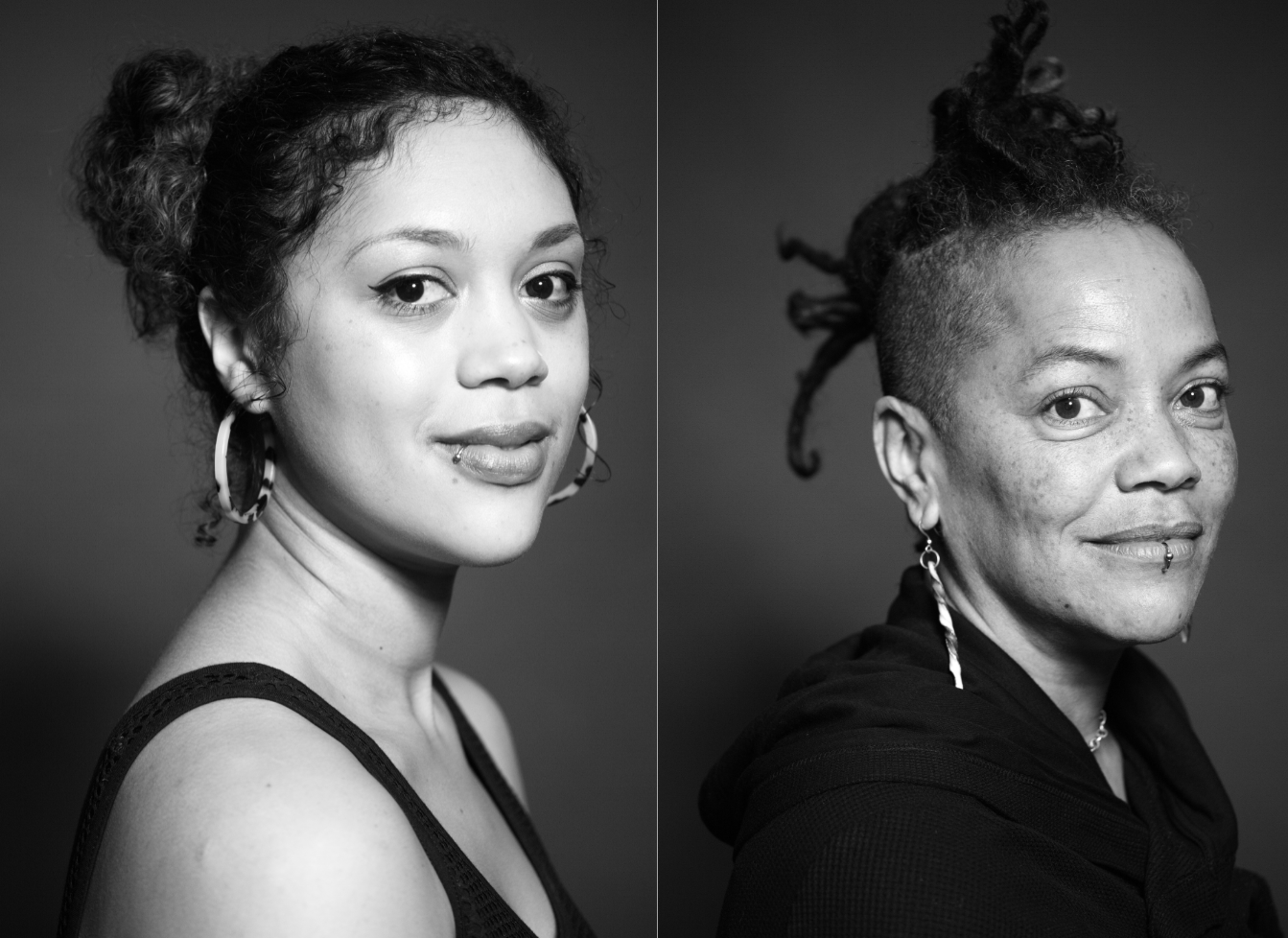 Two black and white portraits side by side, of people with medium dark skin and faces turned to camera with slight smiles.