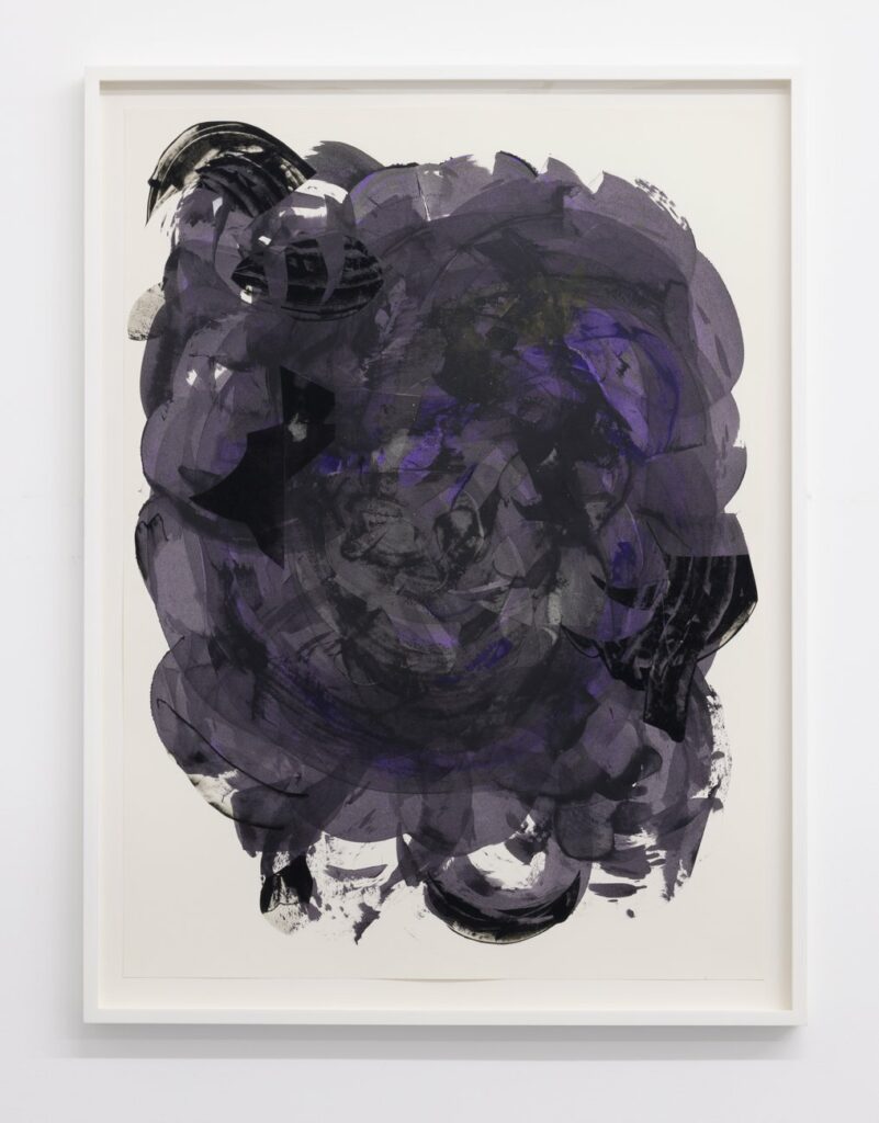 Abstract painting of purple and black strokes swirling together