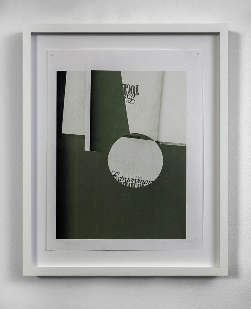 White framed collage with green, black, white, and text