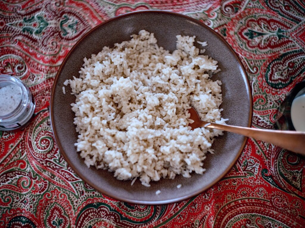 Gray bowl of rice with spoon sits on red paisley cloth.