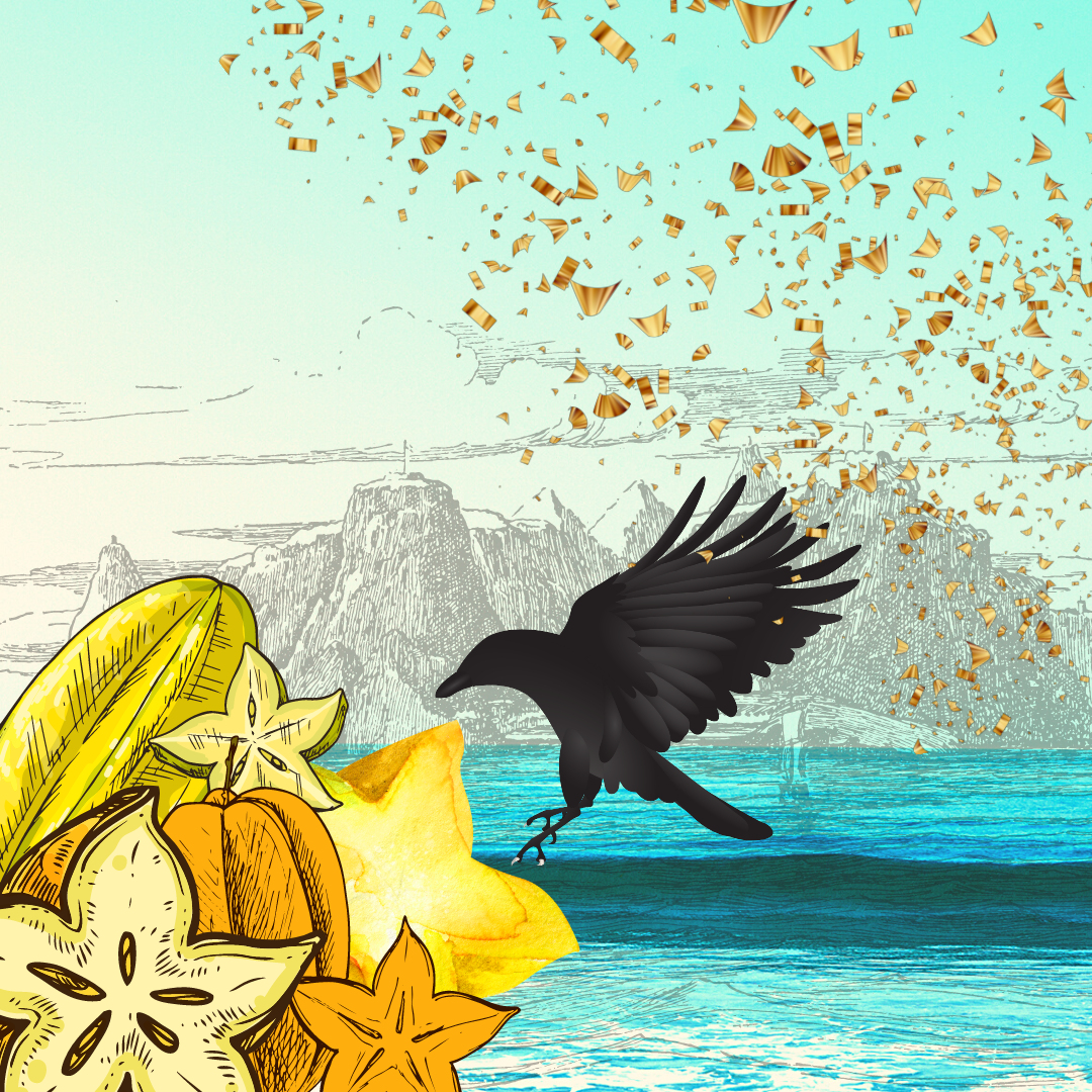 Digital illustration of a crow hovering over blue water, with starfruit in foreground, mountains in background, and a cloud of gold flakes in the air.