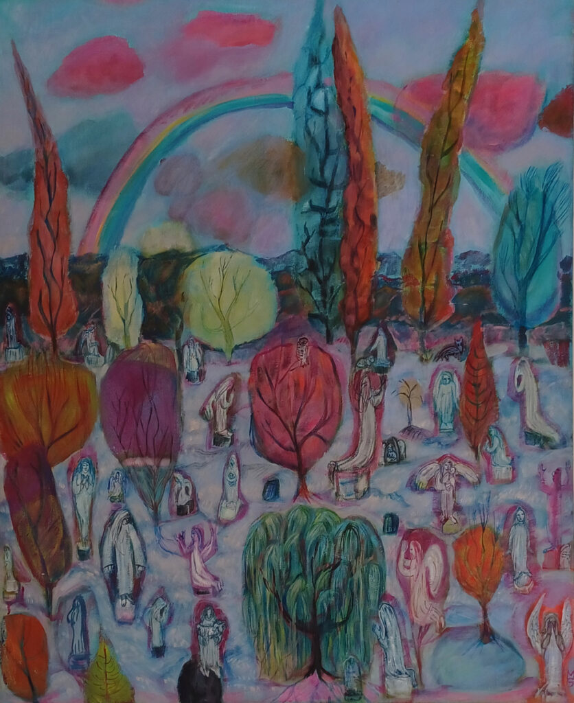 Ghosts and headstones among multicolored trees and a clouds with a rainbow
