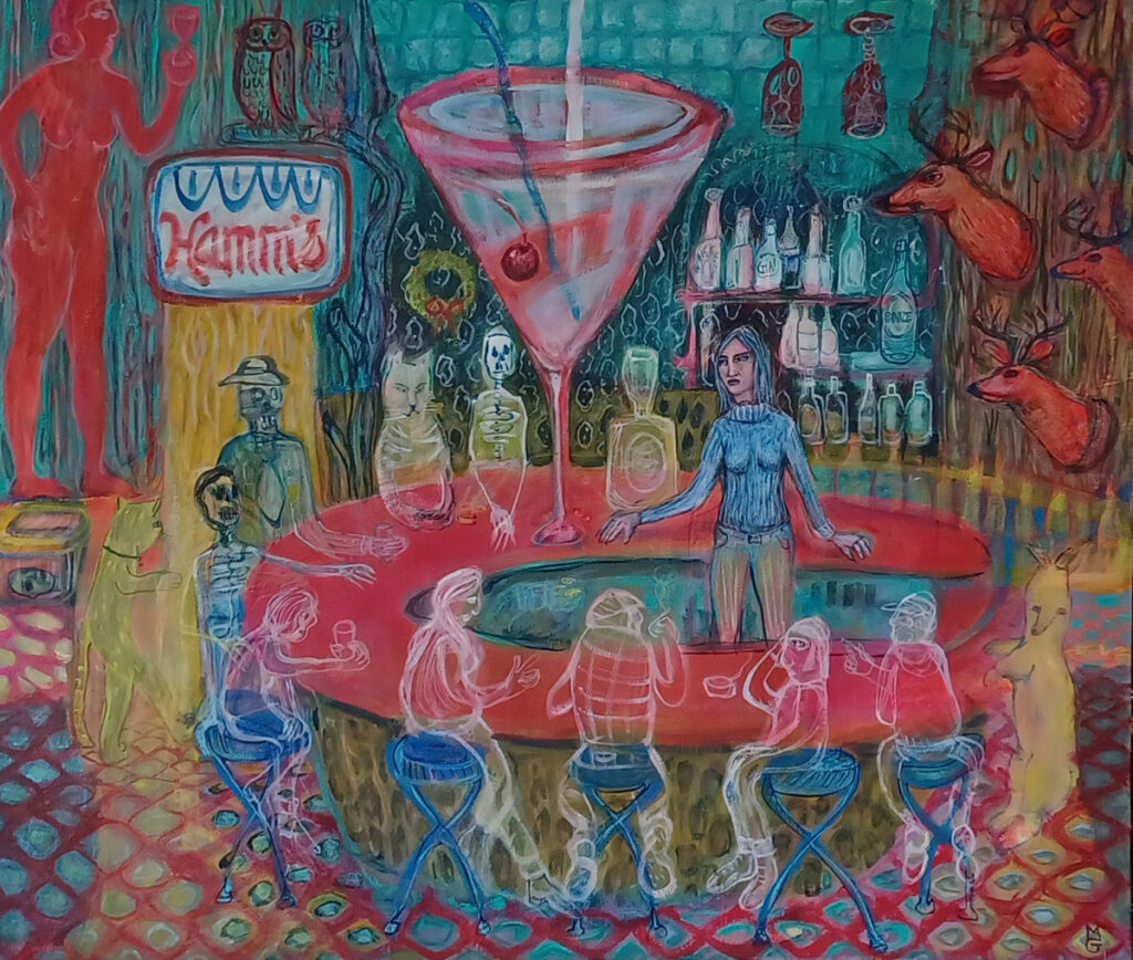 Bar scene with ghost-like people and animals, taxidermy, and huge martini in pink and blue hues