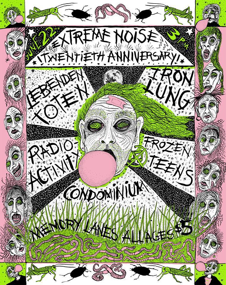 Poster with pink, green, black, and white illustration with many faces and title reading: Extreme Noise 20th Anniversary.