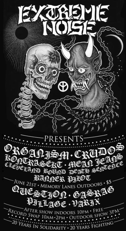 Show poster with white illustration on black background with the title EXTREME NOISE, a skull and a devil, and listed band names.