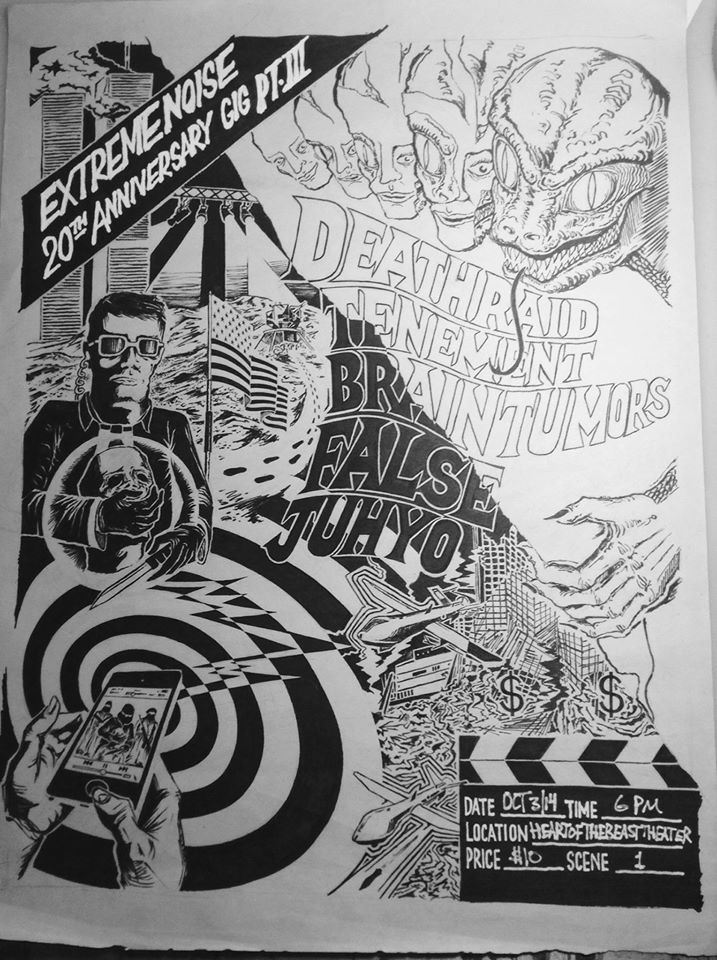 Poster with black and white illustration with aliens, person in sunglasses, spiral behind a smartphone, and band names.
