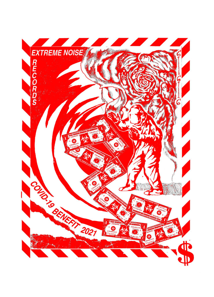 Red and white poster illustration with figure in hazmat suit, many swirling dollar bills, and text reading: Extreme Noise Covid-19 Benefit 2021.