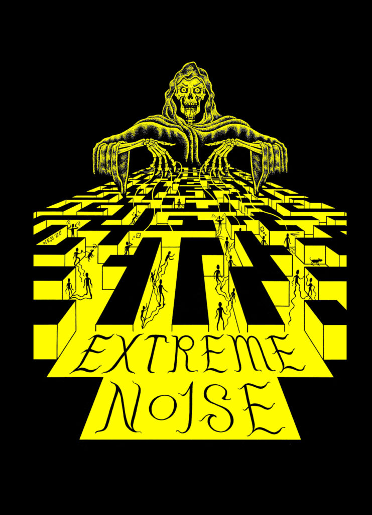 Black and yellow poster with skeletal figure and the words EXTREME NOISE.