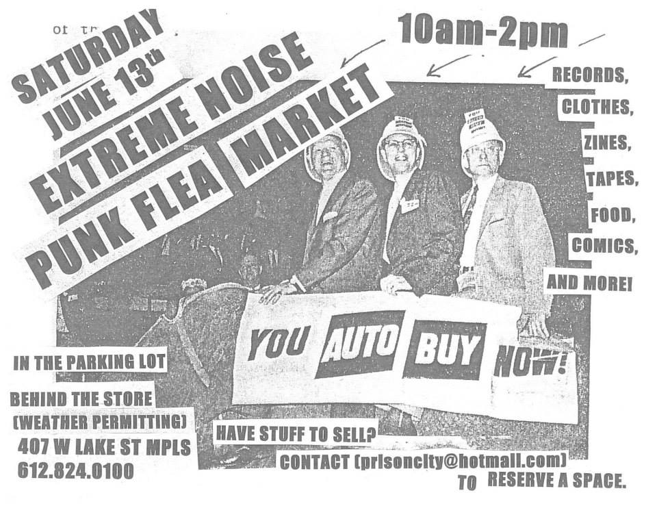 Xeroxed collage with three people in construction hats, and words reading: Saturday June 13th, Extreme Noise Punk Flea Market.