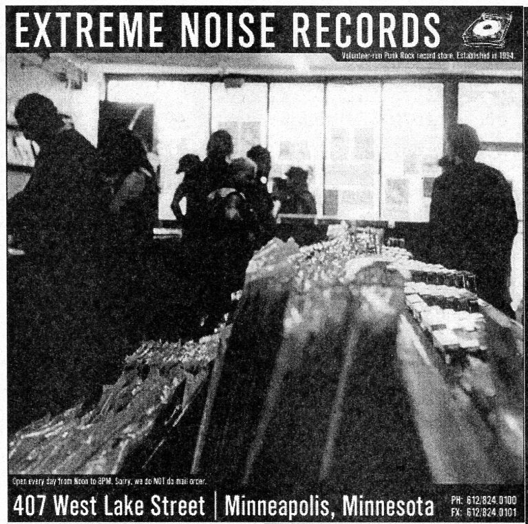 Black and white flyer with title EXTREME NOISE RECORDS and photo of people in record store.