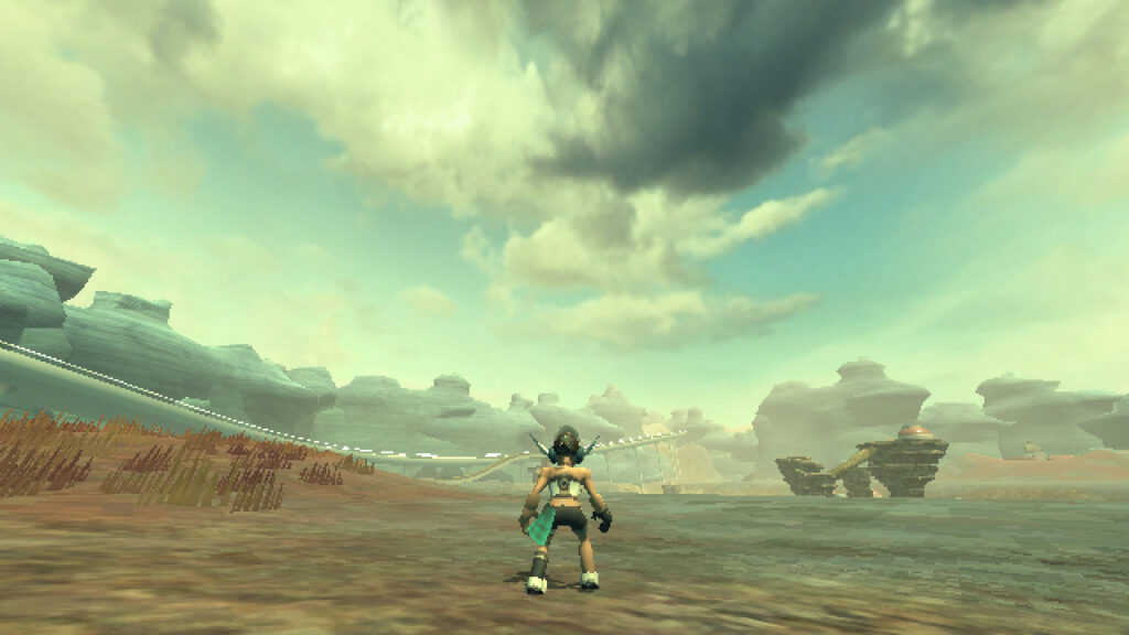 Still from video game with character standing in empty field and clouds in sky above.