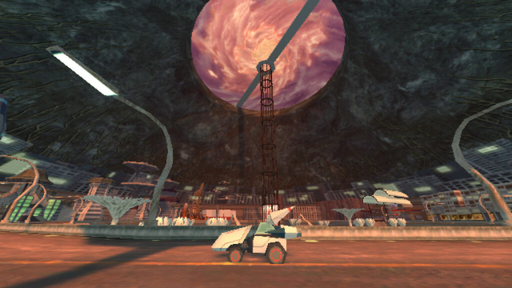 Still from video game: white vehicle in front of city scape with large purple swirl in sky above.