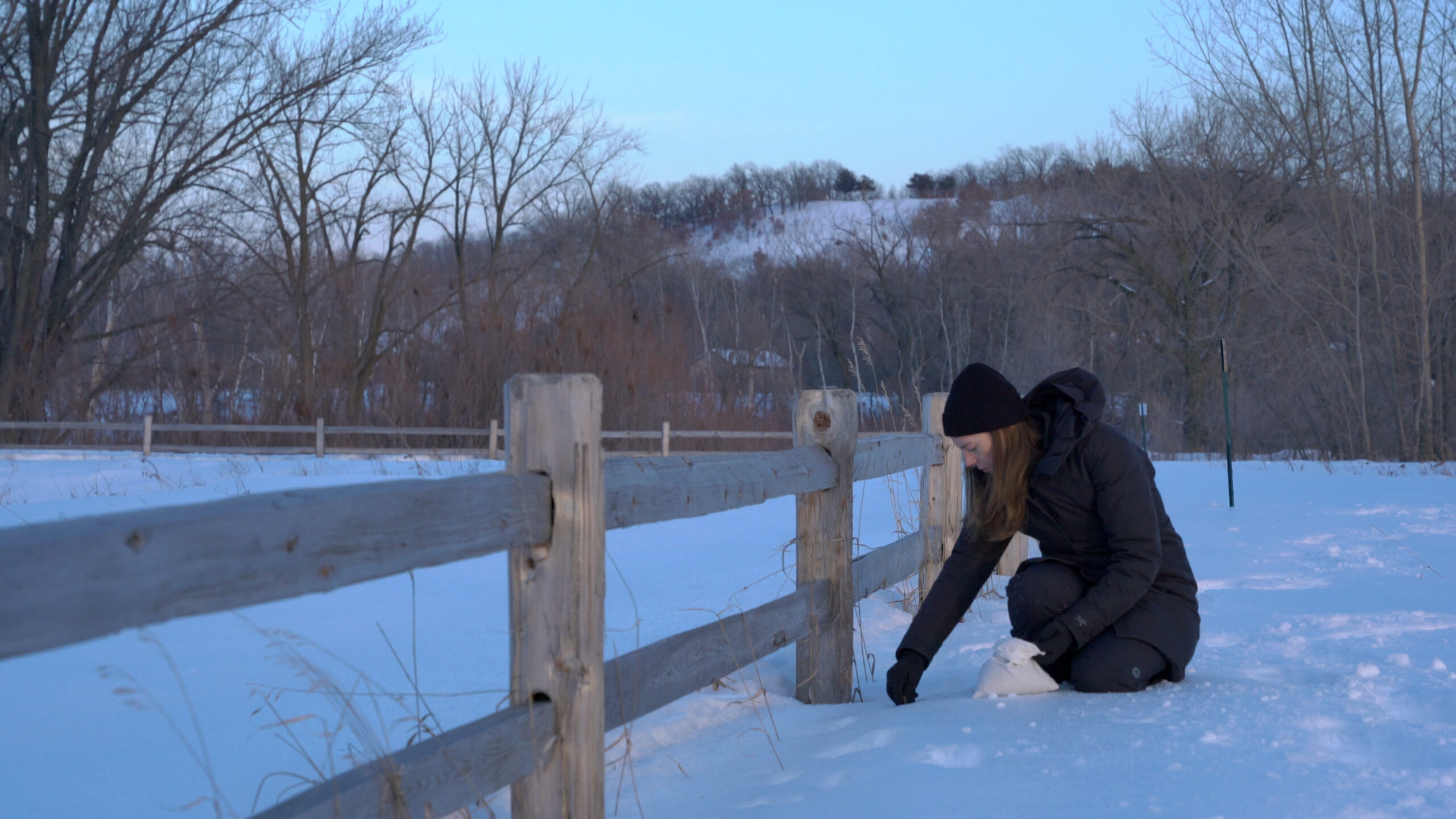 Person in winter coat kneels on ground in field of snow in front of wooden fence.