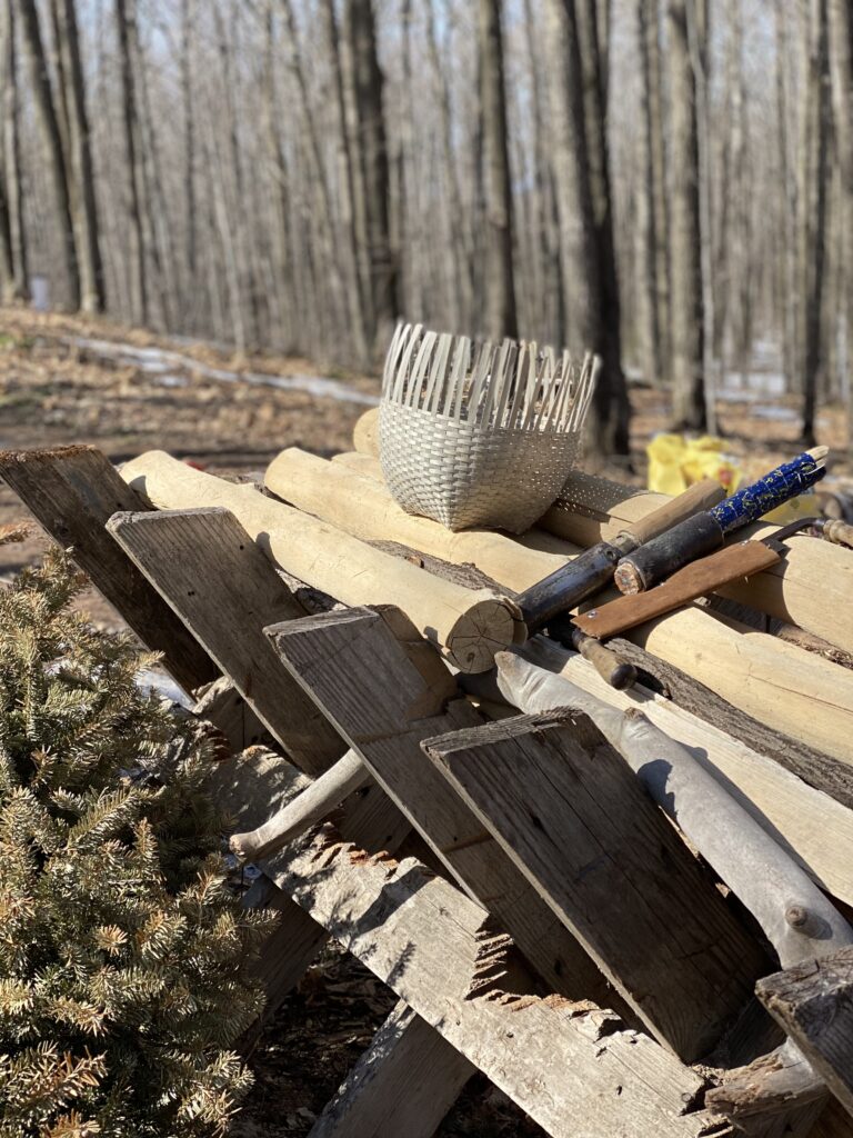 Basket in-progress sits on top of wood pile, with forest in background.