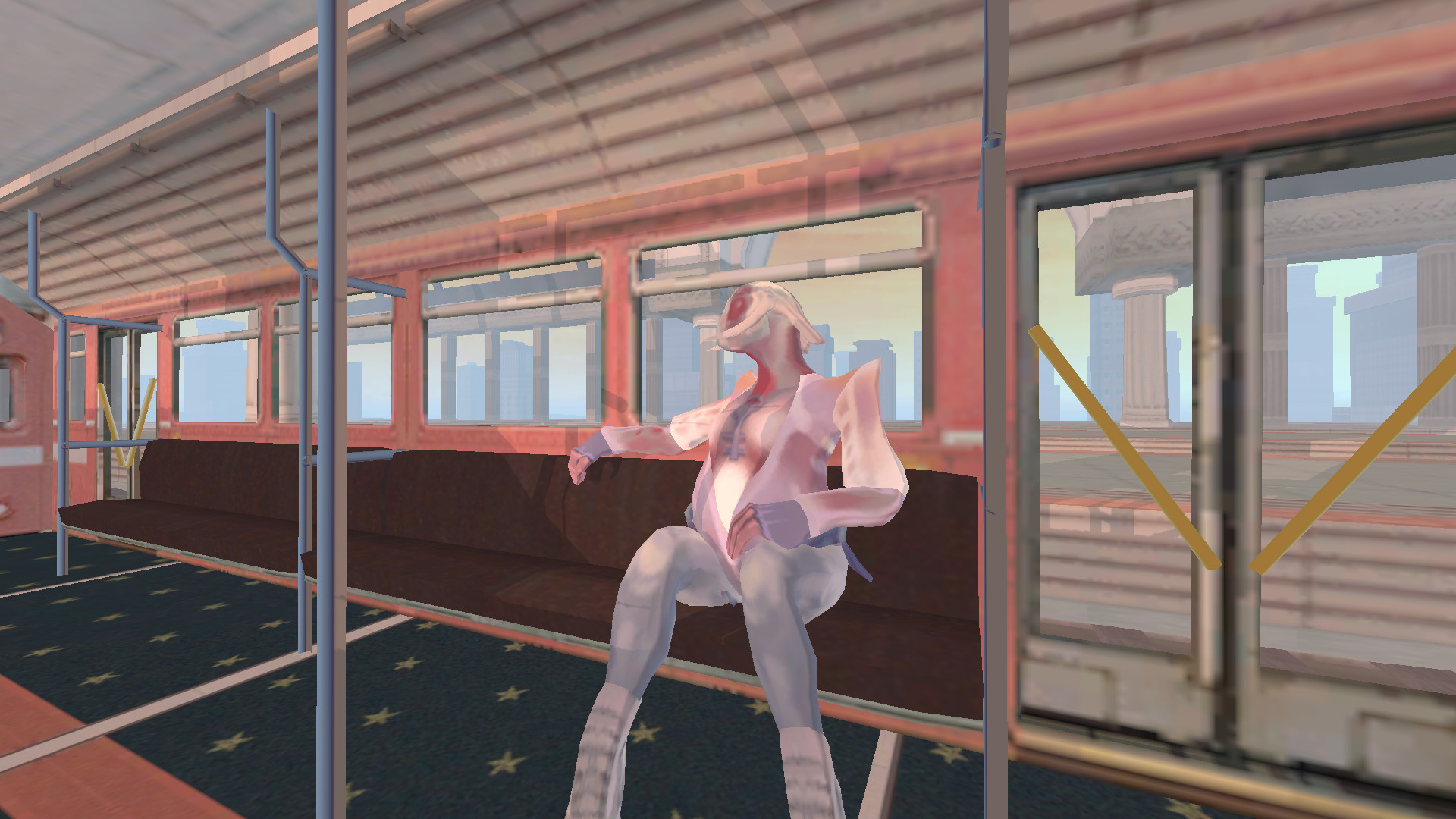 Video game still of pink character sitting in empty subway car.