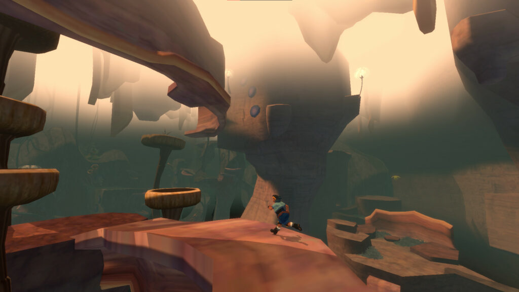 Still from video game with player running through brown tiered landscape with light coming from above.