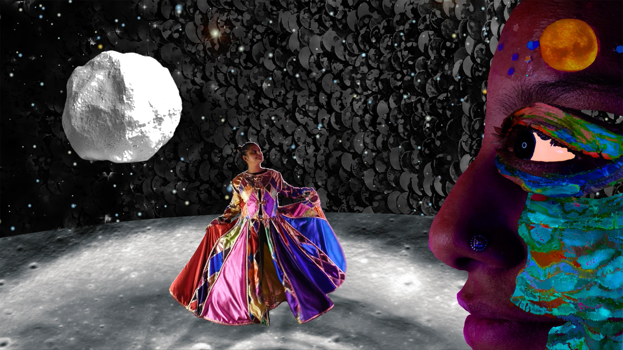 Collage still with person wearing multicolored dress on moon-like surface, with floating white object, black sequins, and a colorful face in profile.