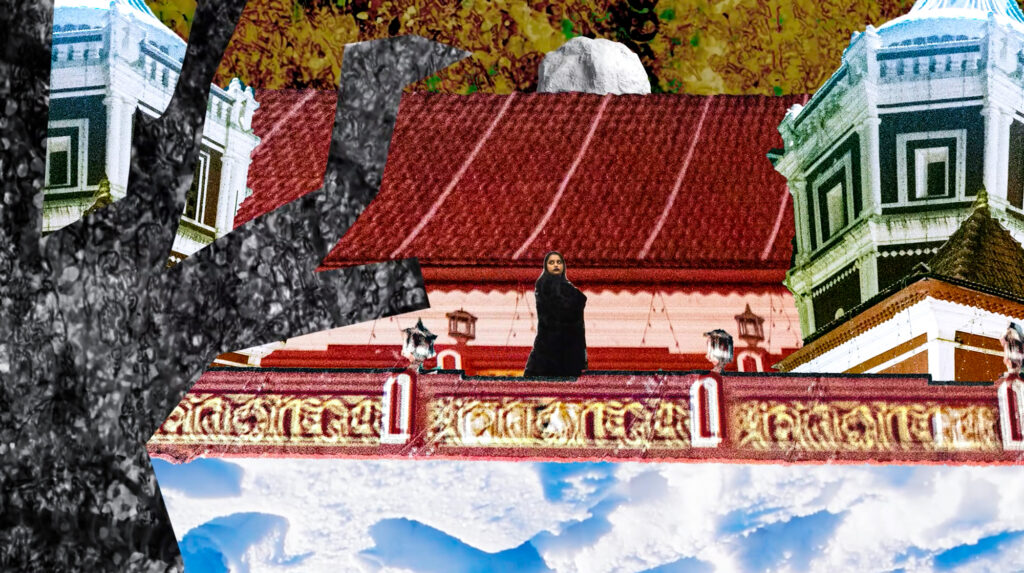 Collage with person wearing black behind red and gold railing with red roof, ornate buildings, tree-like form, and blue and white on bottom of image.