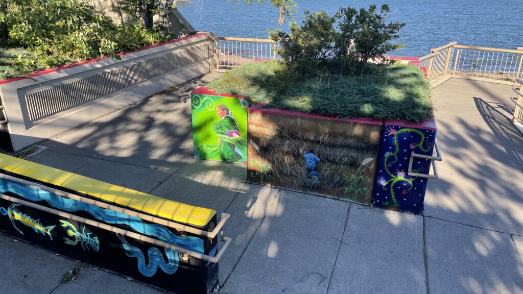 Several small colorful murals painted on concrete surfaces of overlook beside lake.