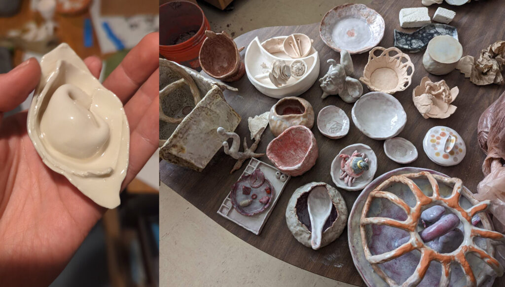 Left: Hands hold ceramic dumpling. Right: Many ceramic bowls on table.