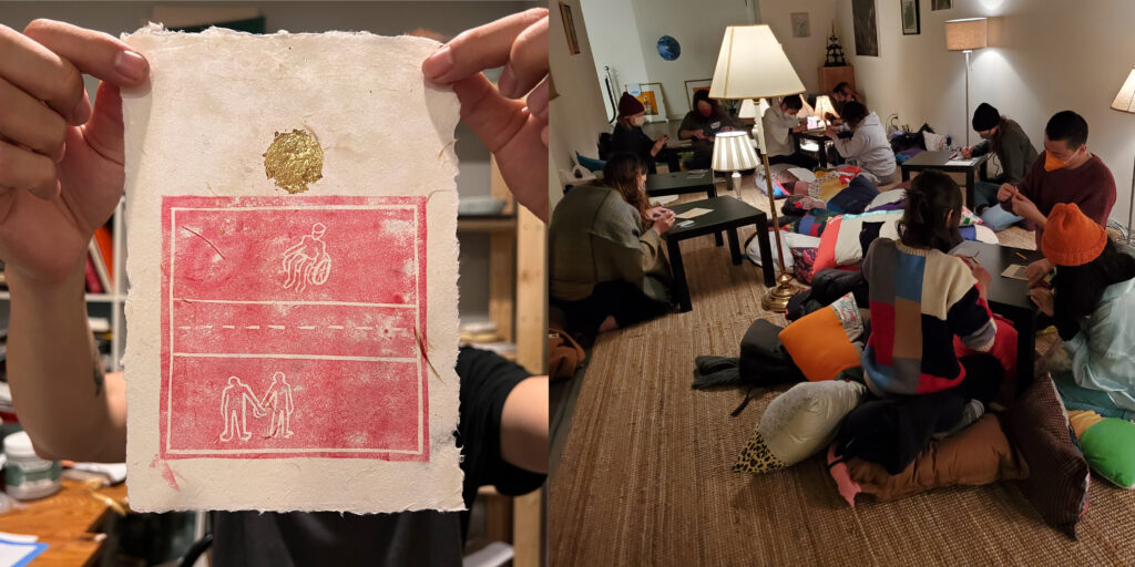 Left: Hands hold up white jin paper with red print and gold seal. Left: Group of people work with their hands in room with many pillows and lamps.