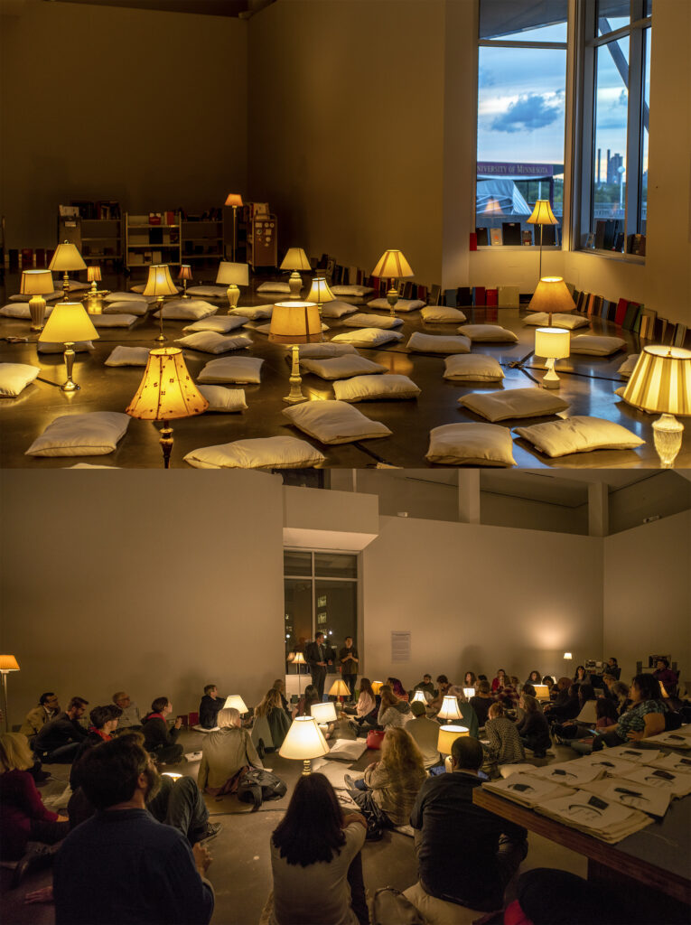 Top image: gallery installation of many pillows and small lamps. Bottom image: same installation full of people.
