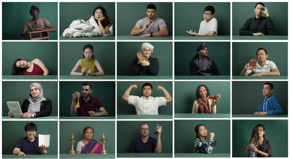 Grid of portraits of diverse individuals, all with same green backdrop.