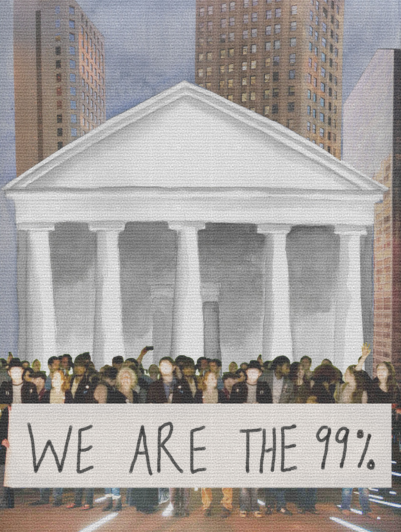 Illustration of crowd in front of Supreme Court building with banner reading "WE ARE THE 99%".