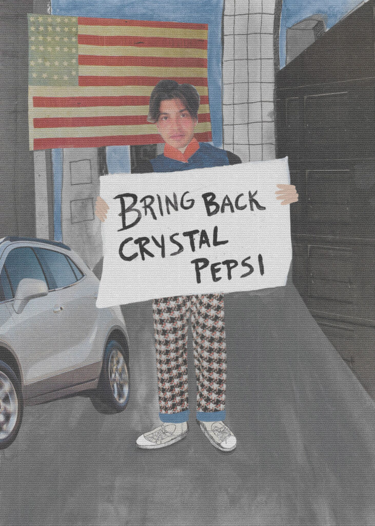 Illustration of person holding sign that reads "Bring Back Crystal Pepsi" with white car and American flag in background.
