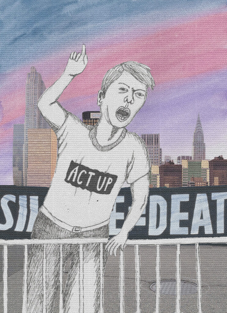 Illustration of person with short hair and ACT UP t-shirt raising finger in the air, with cityscape and "SILENCE = DEATH" banner in background.