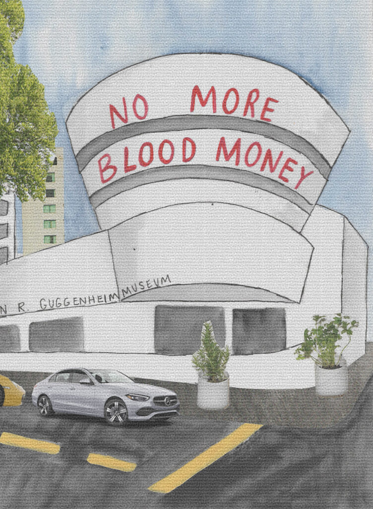 Illustration of Guggenheim Museum with red letters reading "NO MORE BLOOD MONEY" on the facade.