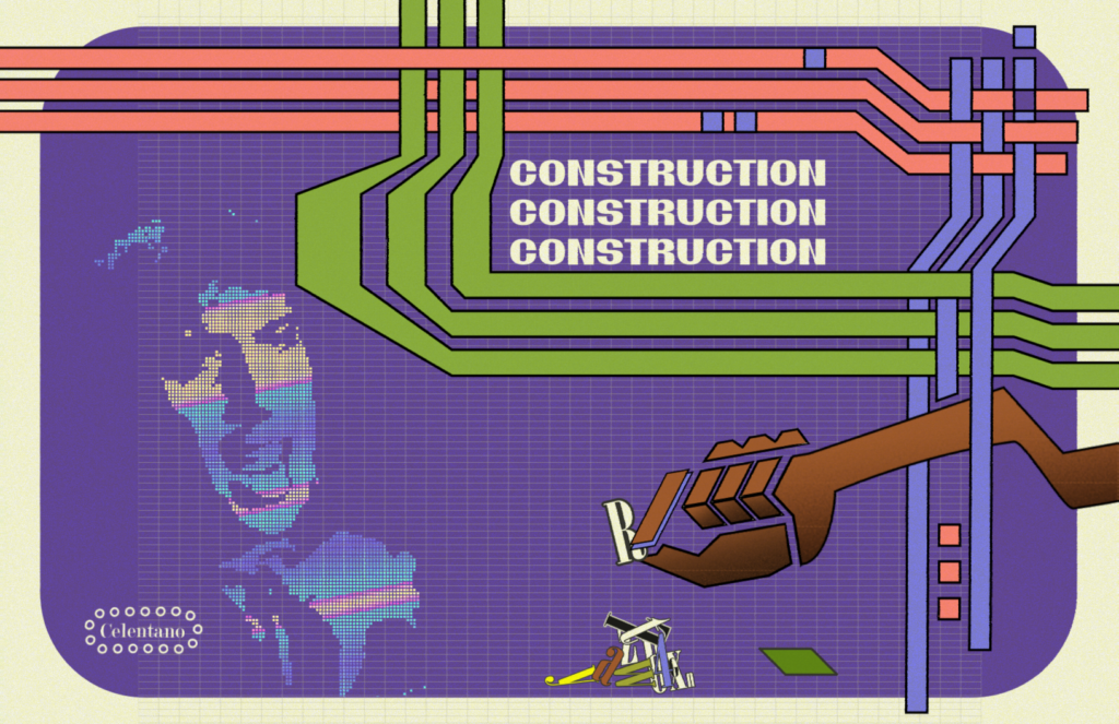 Graphic illustration in purple, green, pink, and white with outline of a face and the word CONSTRUCTION repeated three times.