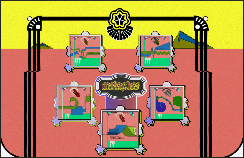 Graphic illustration in pink and yellow, with the word "metaphor" surrounded by five square drawings.