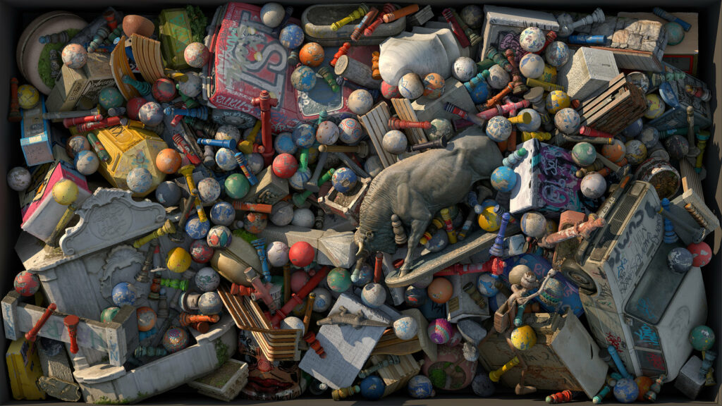 Photo with overhead view of a jumble of gray and multicolored items: balls, toy cars, chess pieces, a bull figurine, etc.